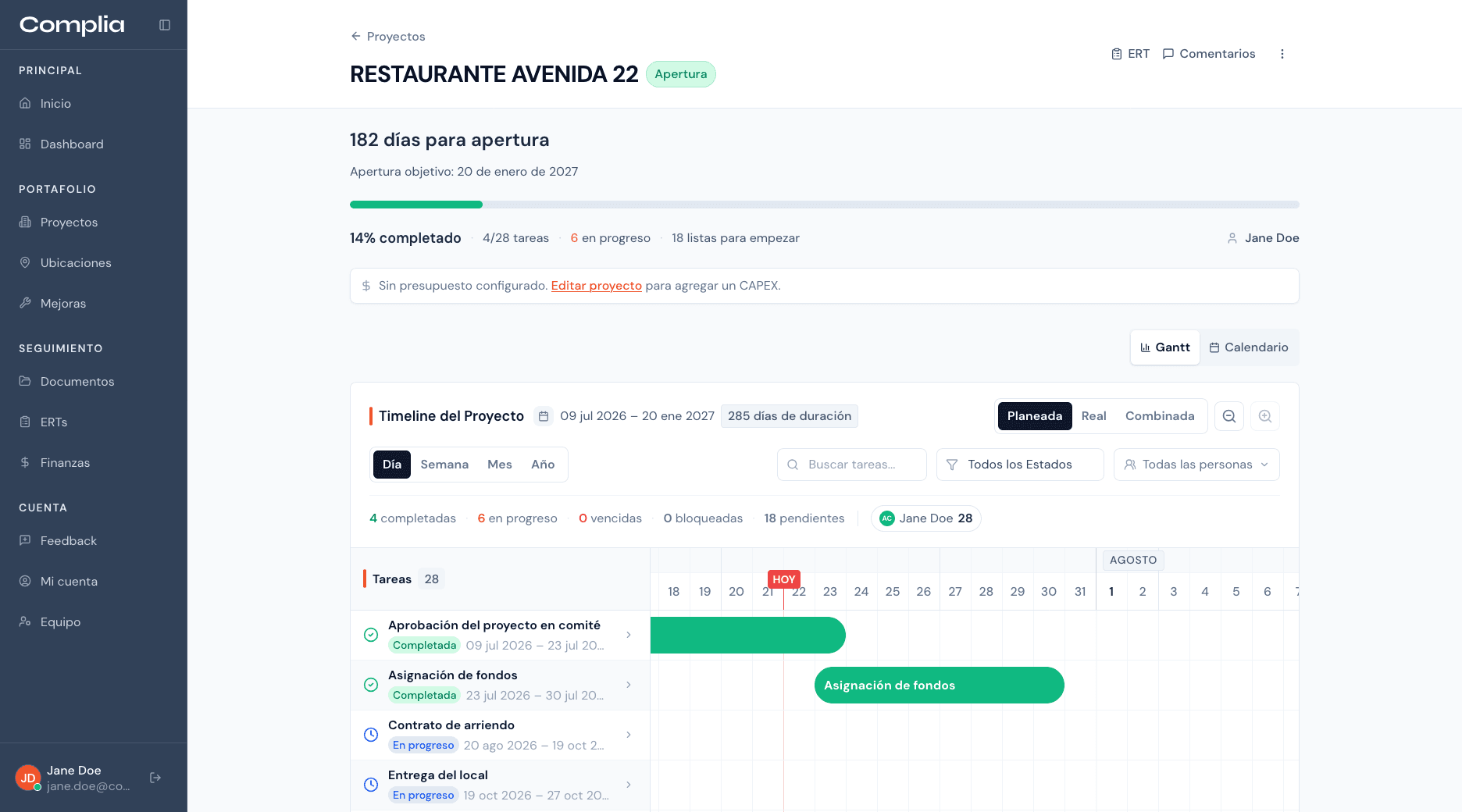Vista del portafolio de aperturas en Complia